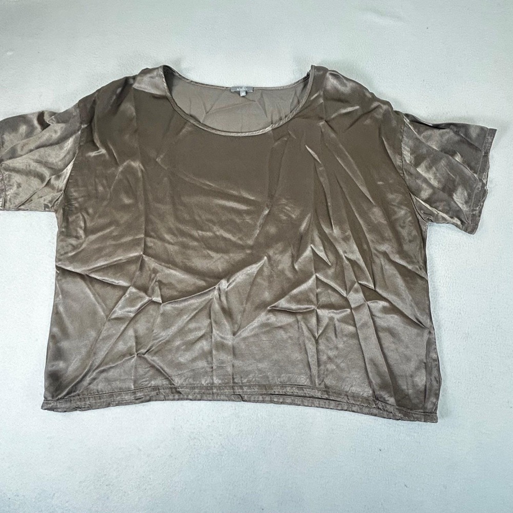 PJ Harlow Top Women Size Medium Taupe Brown Loungewear Satin Finish Blouse
